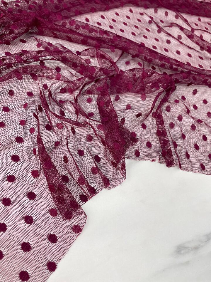 Mürdüm Puantiye Desen Elbiselik Abiyelik Tül Kumaş