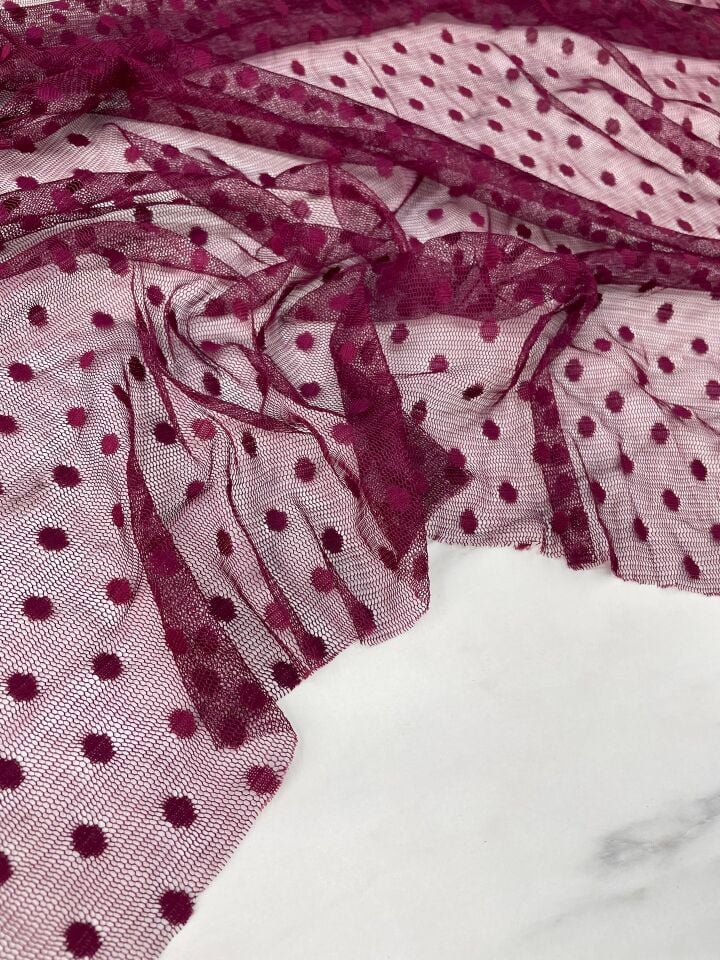 Mürdüm Puantiye Desen Elbiselik Abiyelik Tül Kumaş