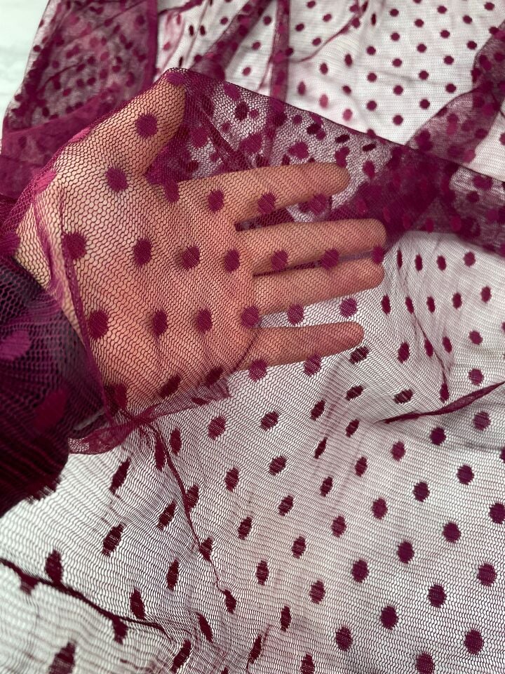 Mürdüm Puantiye Desen Elbiselik Abiyelik Tül Kumaş