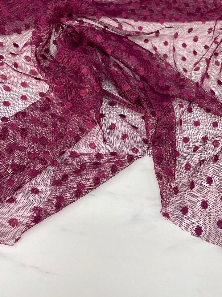 Mürdüm Puantiye Desen Elbiselik Abiyelik Tül Kumaş