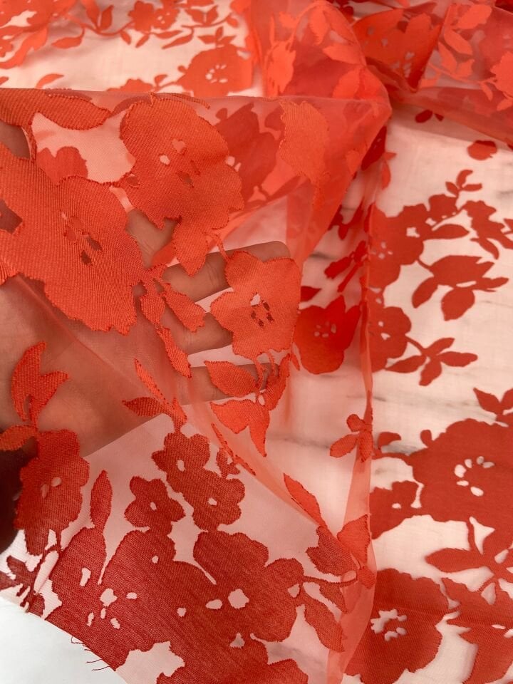 Turuncu Çiçek Desen Yakma Tül Elbiselik Abiyelik Kumaş