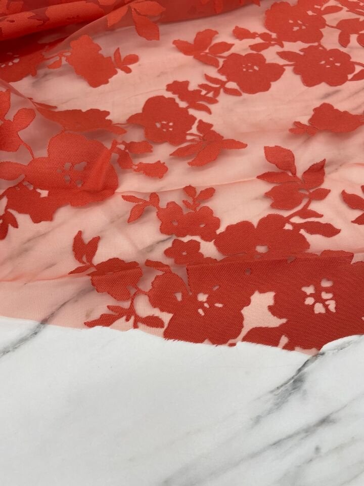 Turuncu Çiçek Desen Yakma Tül Elbiselik Abiyelik Kumaş