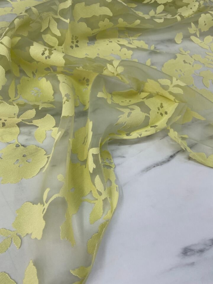 Limon Çiçek Sarısı Desen Yakma Tül Elbiselik Abiyelik Kumaş