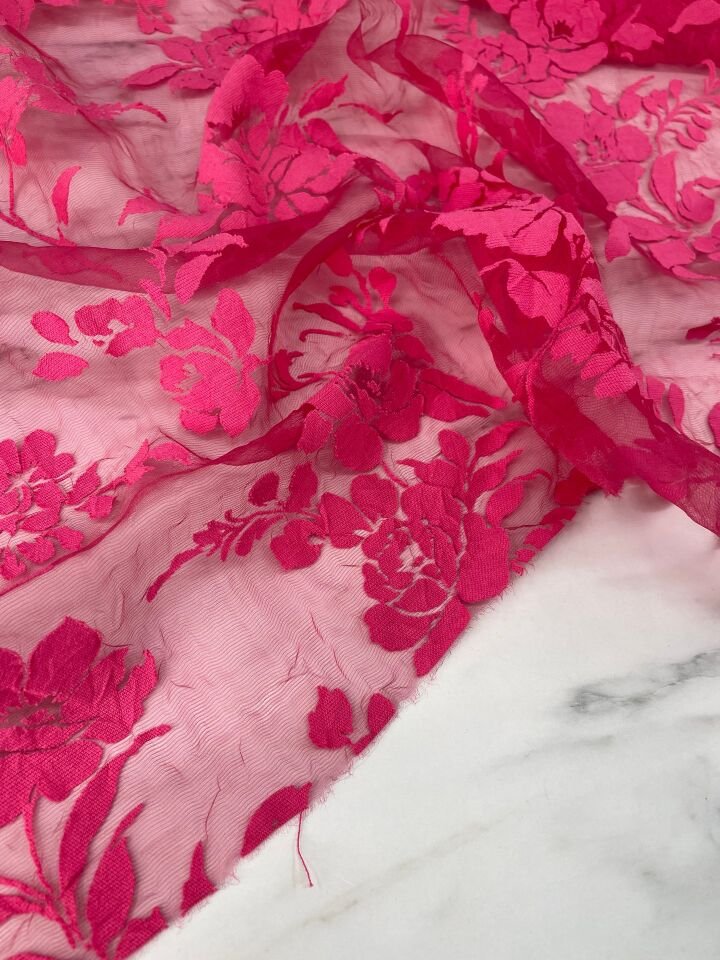 Fuşya Çiçek Desen Yakma Tül Elbiselik Abiyelik Kumaş
