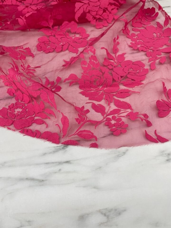 Fuşya Çiçek Desen Yakma Tül Elbiselik Abiyelik Kumaş