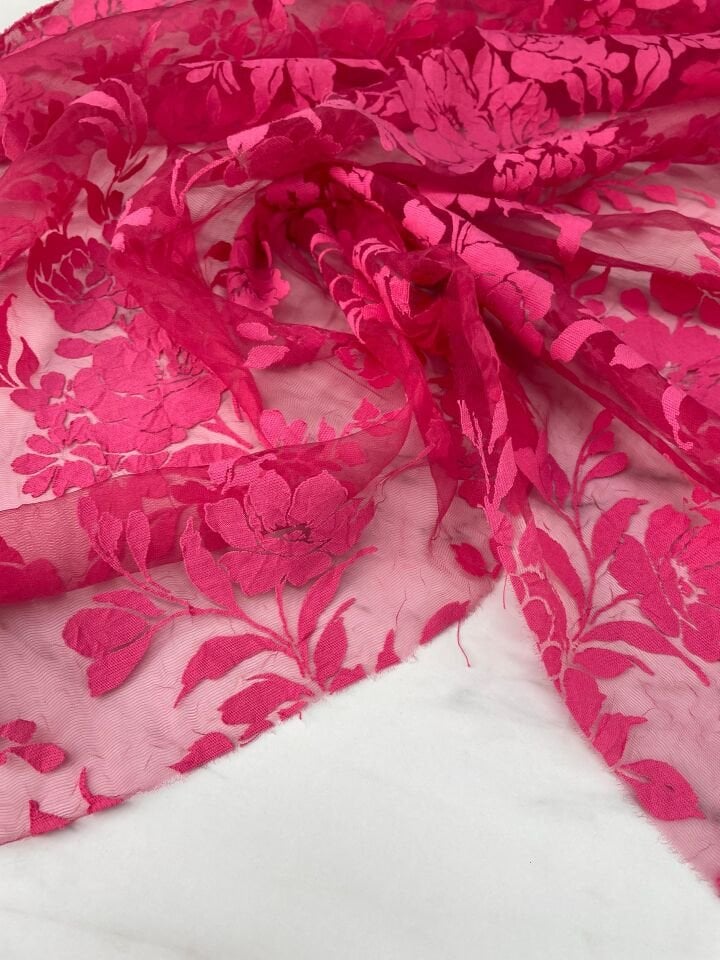 Fuşya Çiçek Desen Yakma Tül Elbiselik Abiyelik Kumaş