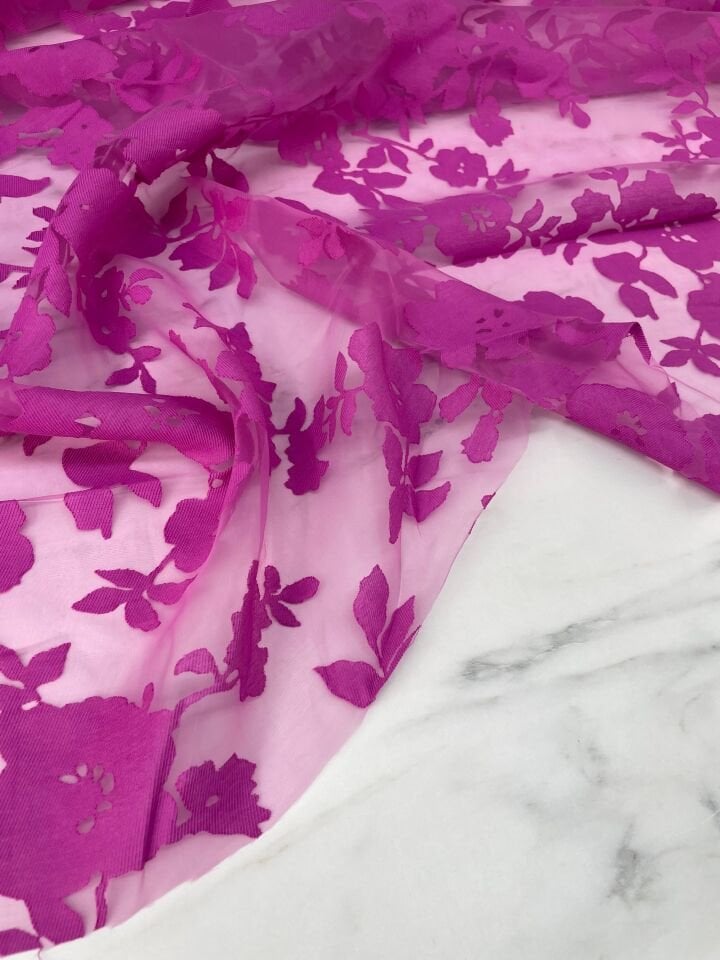 Leylak Çiçek Desen Yakma Tül Elbiselik Abiyelik Kumaş