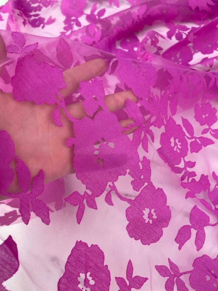 Leylak Çiçek Desen Yakma Tül Elbiselik Abiyelik Kumaş