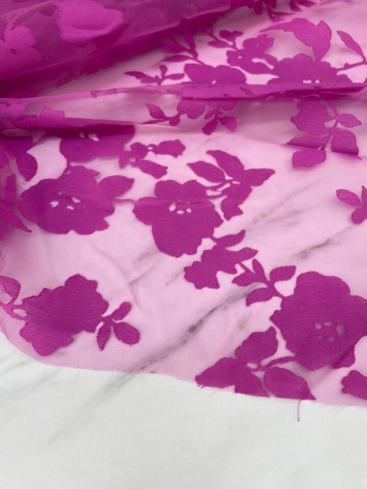 Leylak Çiçek Desen Yakma Tül Elbiselik Abiyelik Kumaş