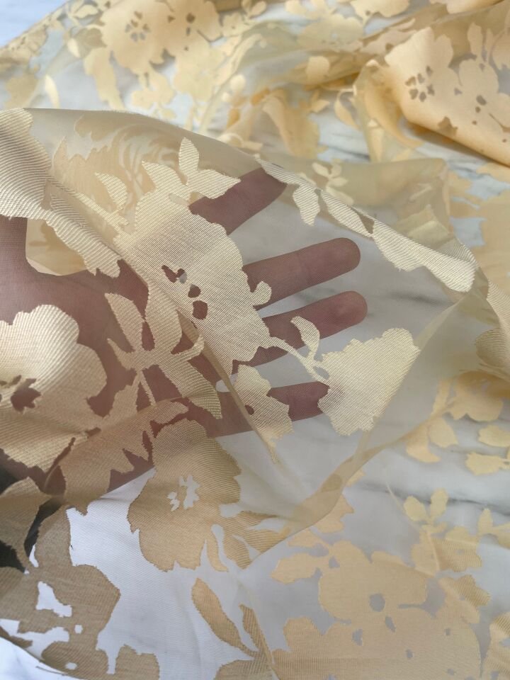 Sarı Çiçek Desen Yakma Tül Elbiselik Abiyelik Kumaş