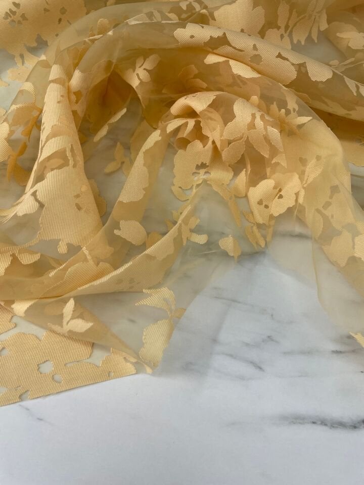 Sarı Çiçek Desen Yakma Tül Elbiselik Abiyelik Kumaş