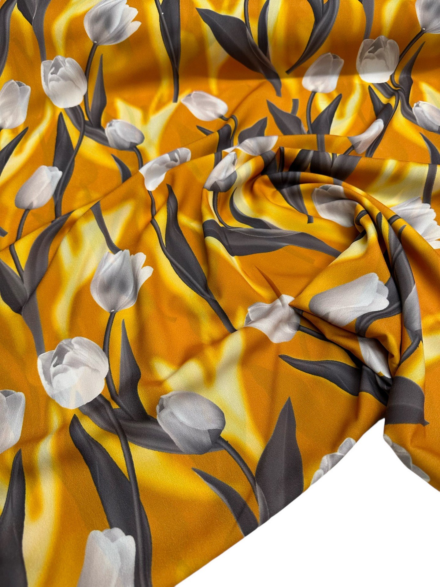Sarı Lale Desen Elbiselik Gömleklik Krep Kumaş
