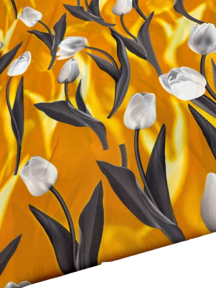 Sarı Lale Desen Elbiselik Gömleklik Krep Kumaş