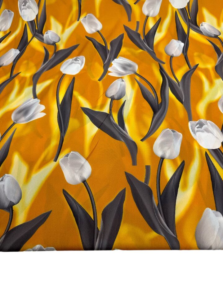 Sarı Lale Desen Elbiselik Gömleklik Krep Kumaş