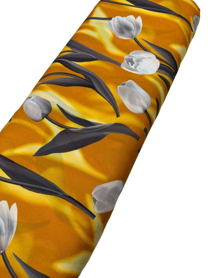 Sarı Lale Desen Elbiselik Gömleklik Krep Kumaş