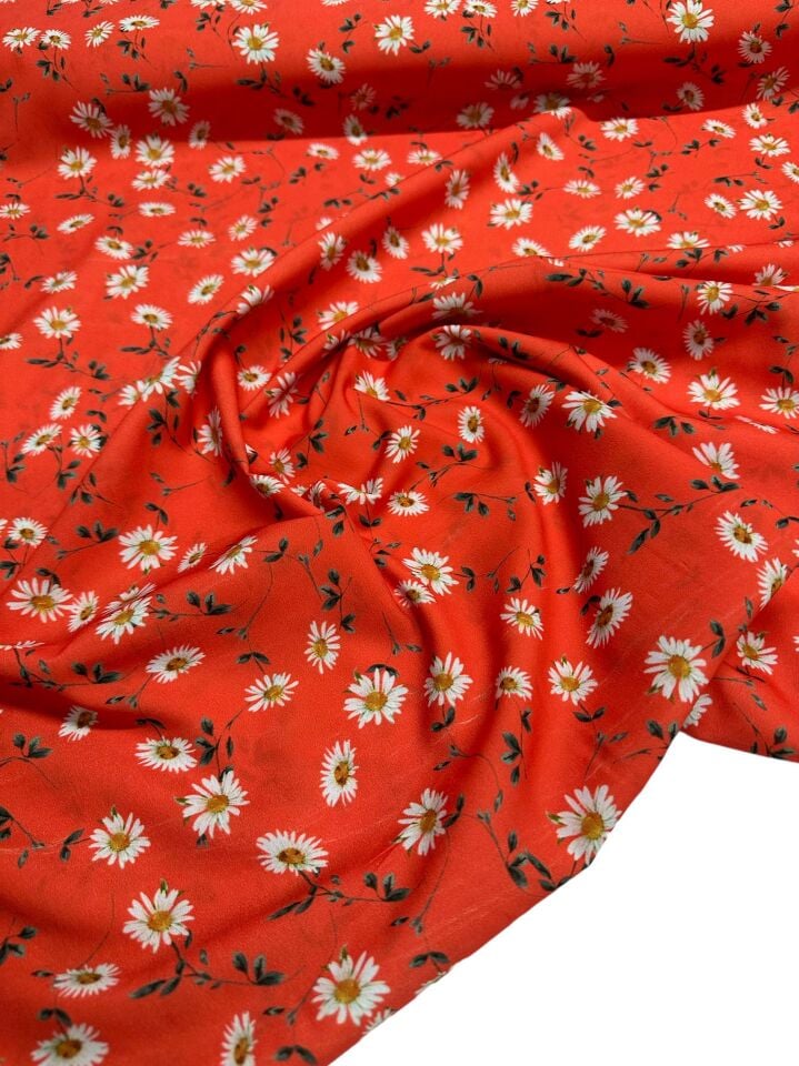 Kırmızı papatya Desen Elbiselik Gömleklik Krep Kumaş