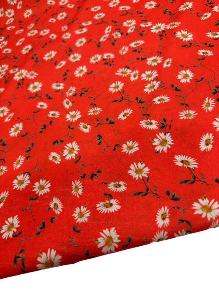 Kırmızı papatya Desen Elbiselik Gömleklik Krep Kumaş
