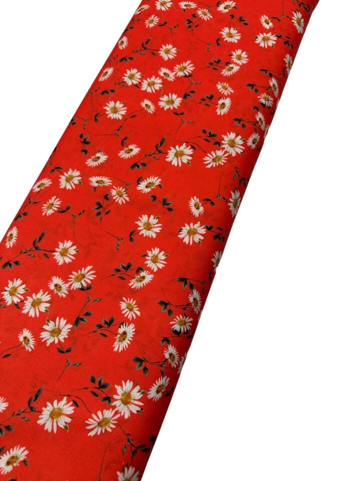 Kırmızı papatya Desen Elbiselik Gömleklik Krep Kumaş