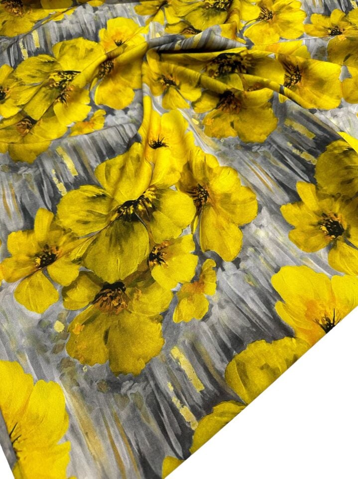 Sarı Geranium Desen Elbiselik Gömleklik Krep Kumaş