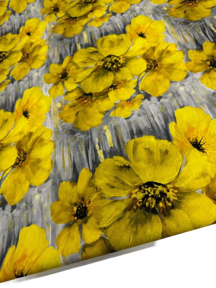 Sarı Geranium Desen Elbiselik Gömleklik Krep Kumaş
