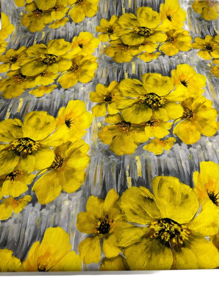 Sarı Geranium Desen Elbiselik Gömleklik Krep Kumaş