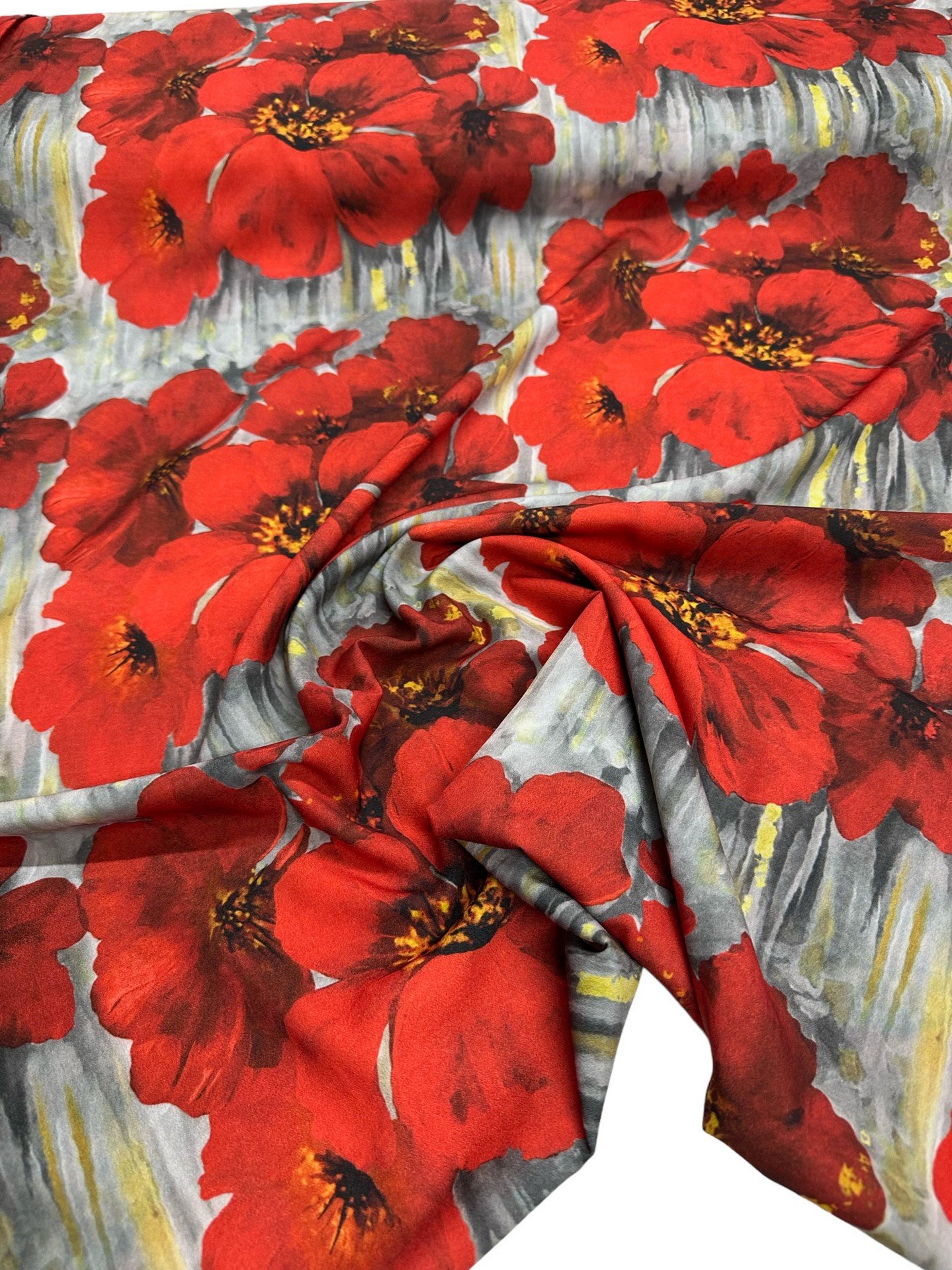 Kırmızı Geranium Desen Elbiselik Gömleklik Krep Kumaş