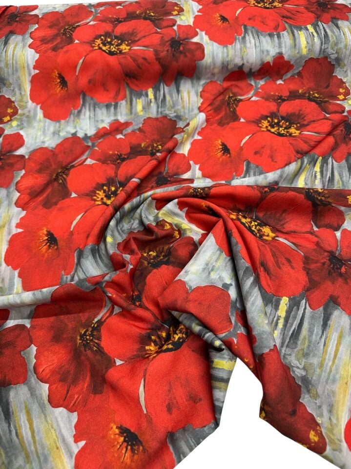 Kırmızı Geranium Desen Elbiselik Gömleklik Krep Kumaş