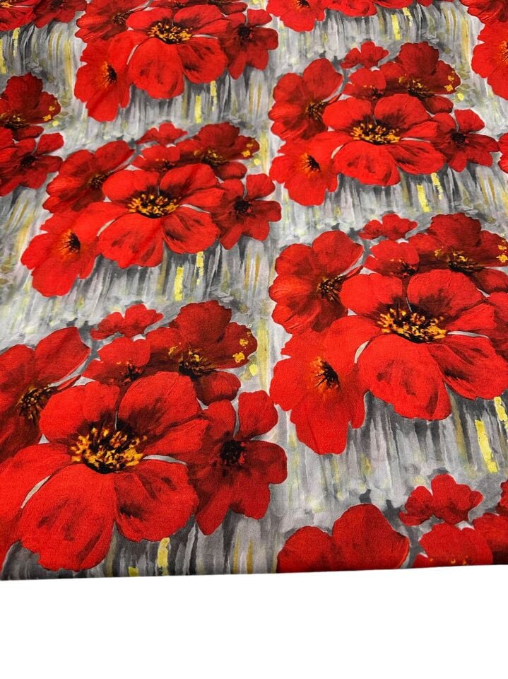 Kırmızı Geranium Desen Elbiselik Gömleklik Krep Kumaş