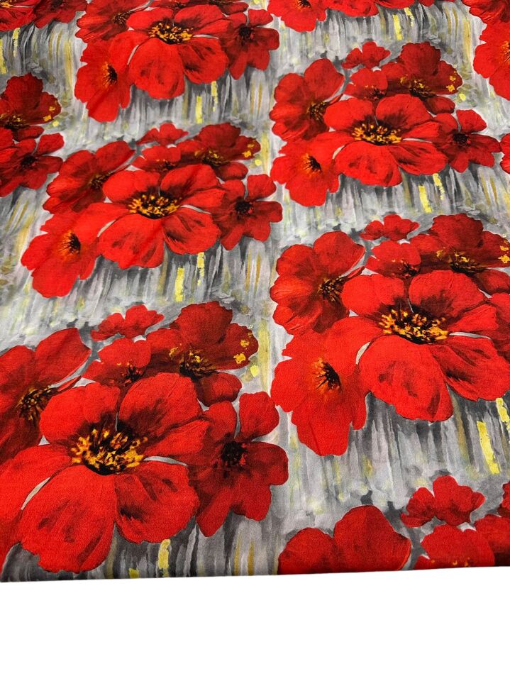 Kırmızı Geranium Desen Elbiselik Gömleklik Krep Kumaş