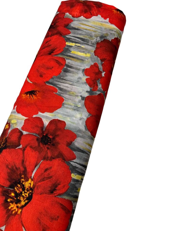 Kırmızı Geranium Desen Elbiselik Gömleklik Krep Kumaş