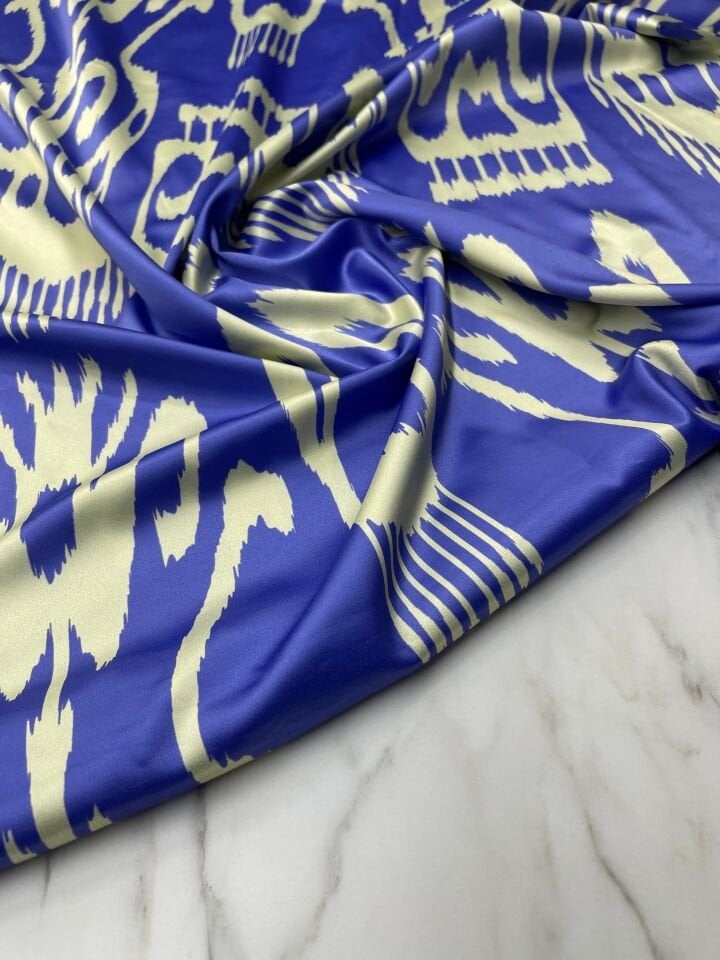 Mavi İkat Desen Elbiselik Gömleklik Tivil Saten Kumaş