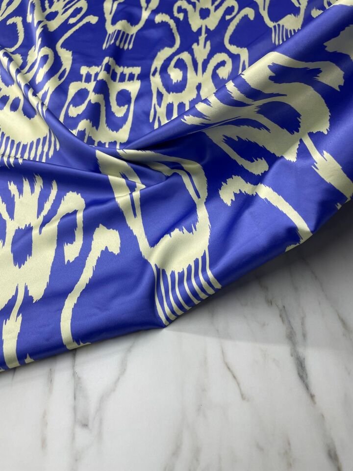 Mavi İkat Desen Elbiselik Gömleklik Tivil Saten Kumaş
