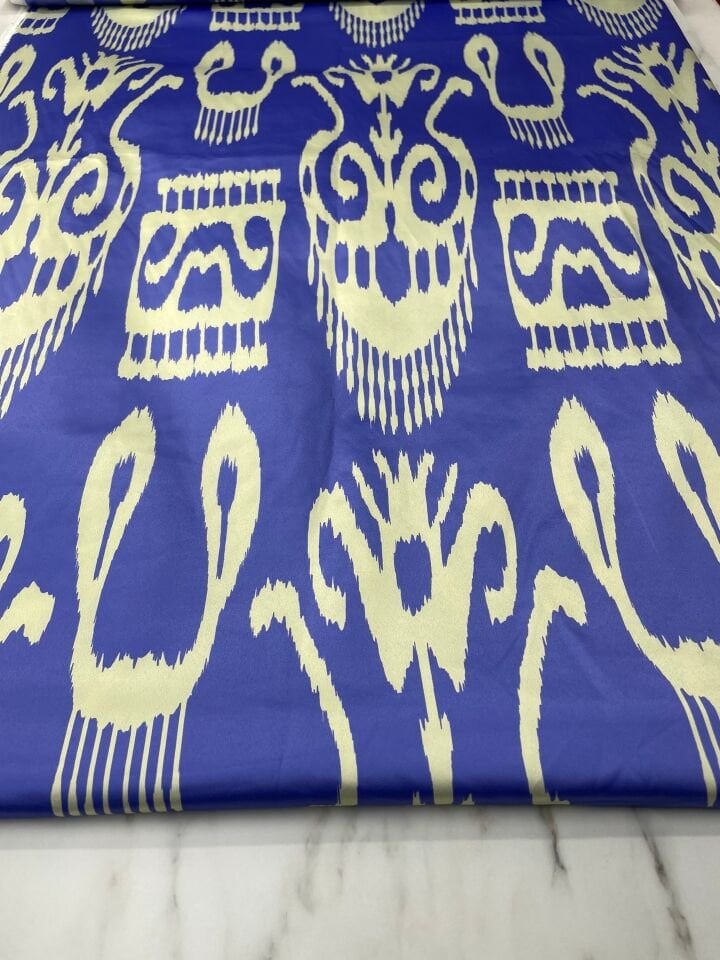 Mavi İkat Desen Elbiselik Gömleklik Tivil Saten Kumaş