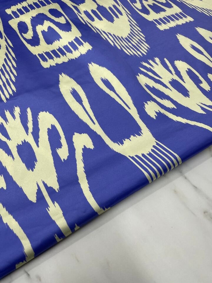 Mavi İkat Desen Elbiselik Gömleklik Tivil Saten Kumaş