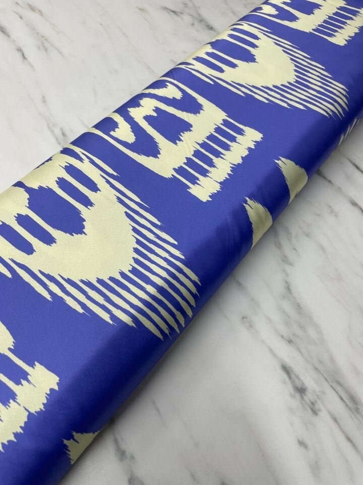 Mavi İkat Desen Elbiselik Gömleklik Tivil Saten Kumaş
