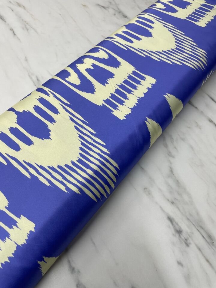 Mavi İkat Desen Elbiselik Gömleklik Tivil Saten Kumaş