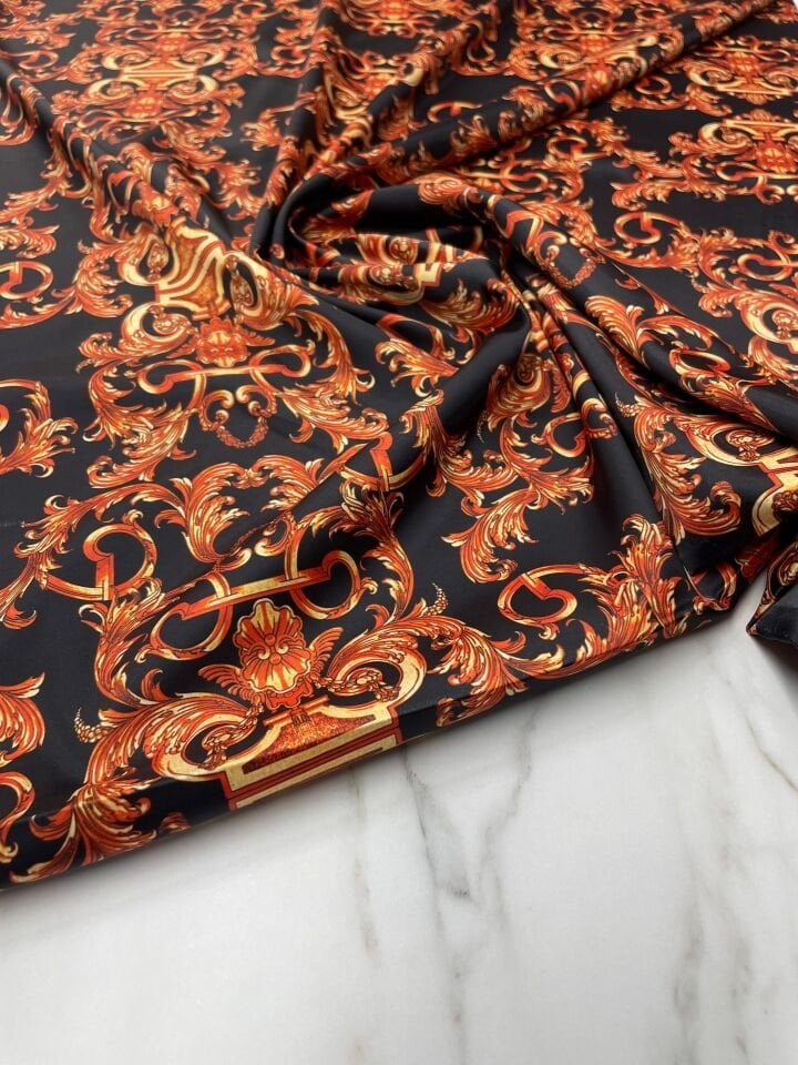 Turuncu Nakış Desen Elbiselik Gömleklik Tivil Saten Kumaş