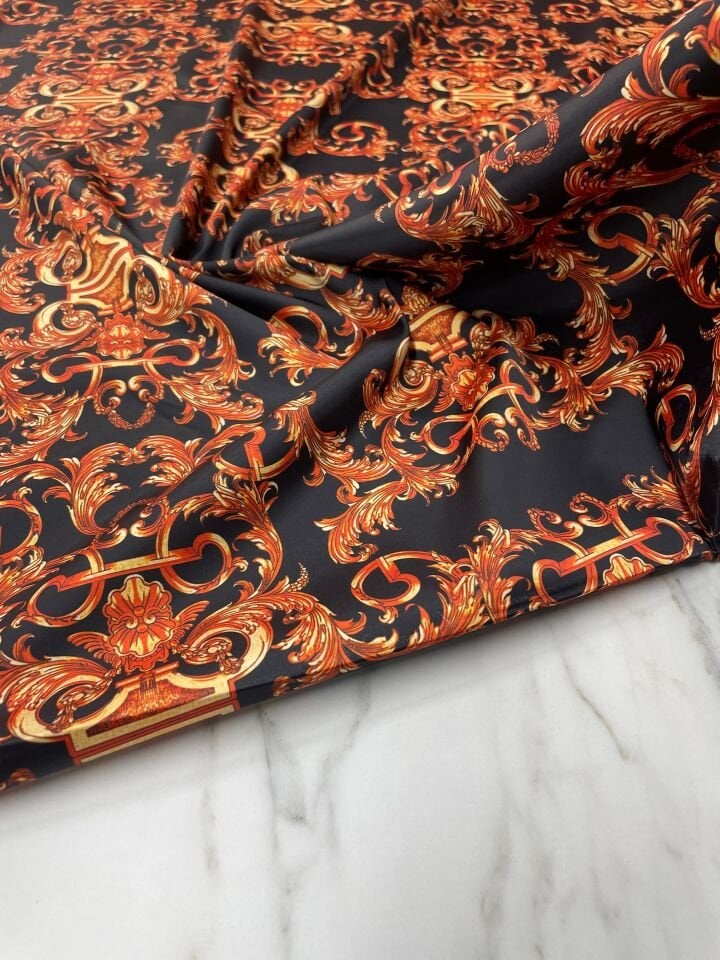 Turuncu Nakış Desen Elbiselik Gömleklik Tivil Saten Kumaş