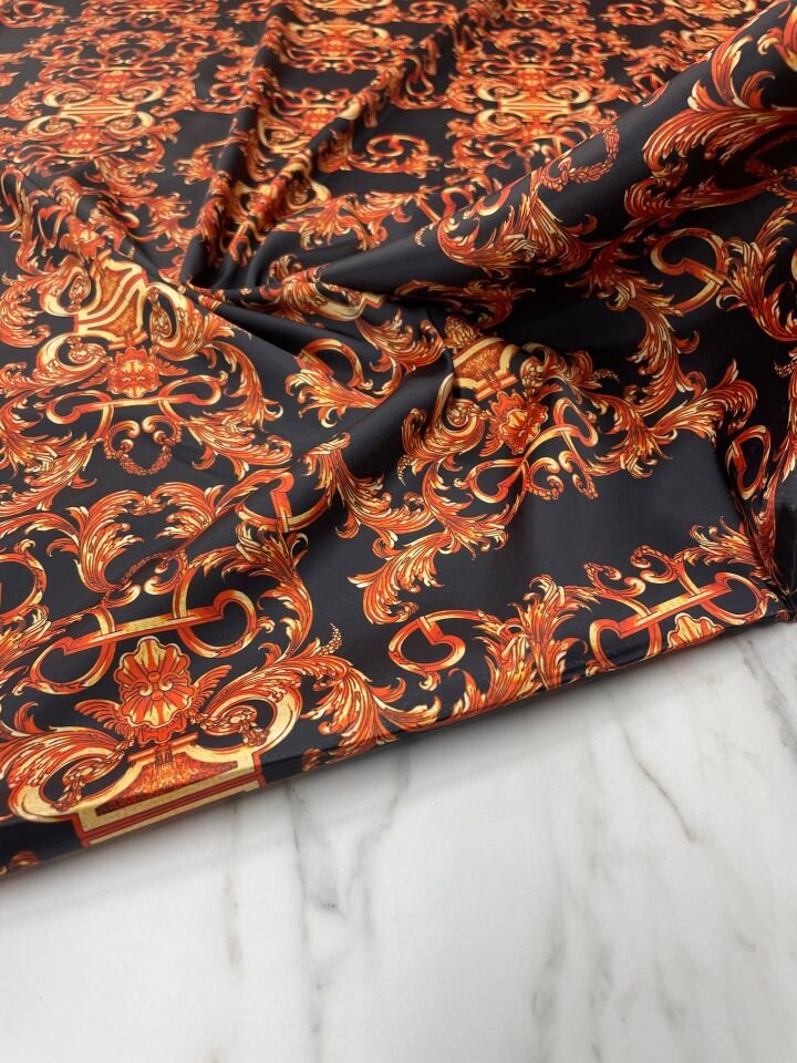 Turuncu Nakış Desen Elbiselik Gömleklik Tivil Saten Kumaş