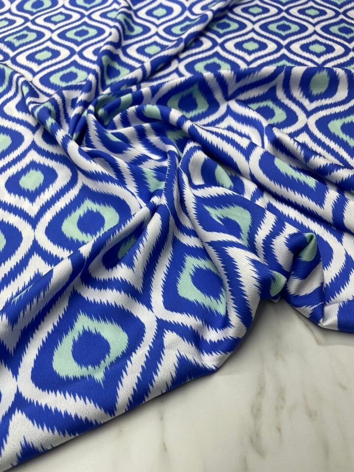 Mavi İkat Desen Elbiselik Gömleklik Tivil Saten Kumaş