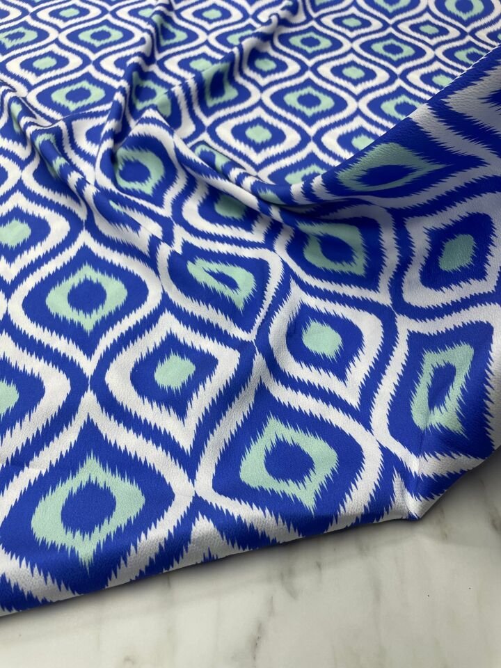 Mavi İkat Desen Elbiselik Gömleklik Tivil Saten Kumaş