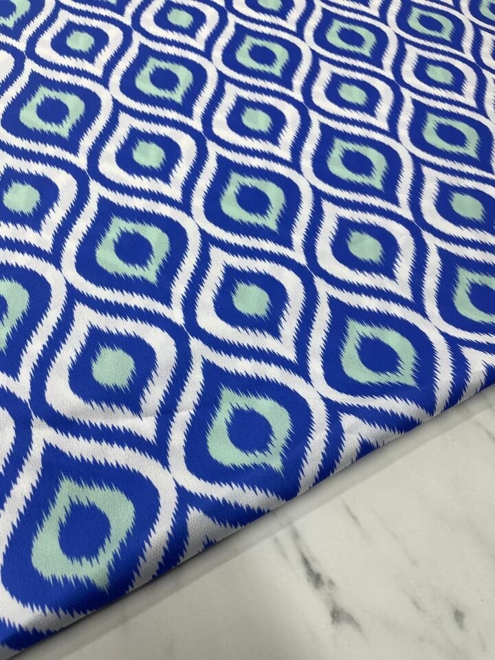 Mavi İkat Desen Elbiselik Gömleklik Tivil Saten Kumaş