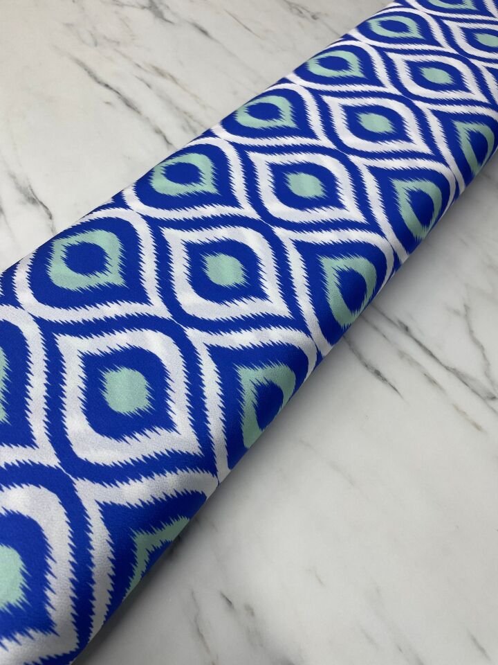 Mavi İkat Desen Elbiselik Gömleklik Tivil Saten Kumaş