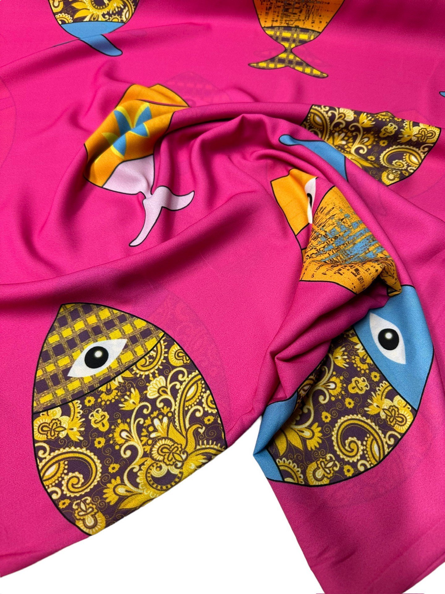 Fuşya Balık Desen Elbiselik Gömleklik Krep Kumaş