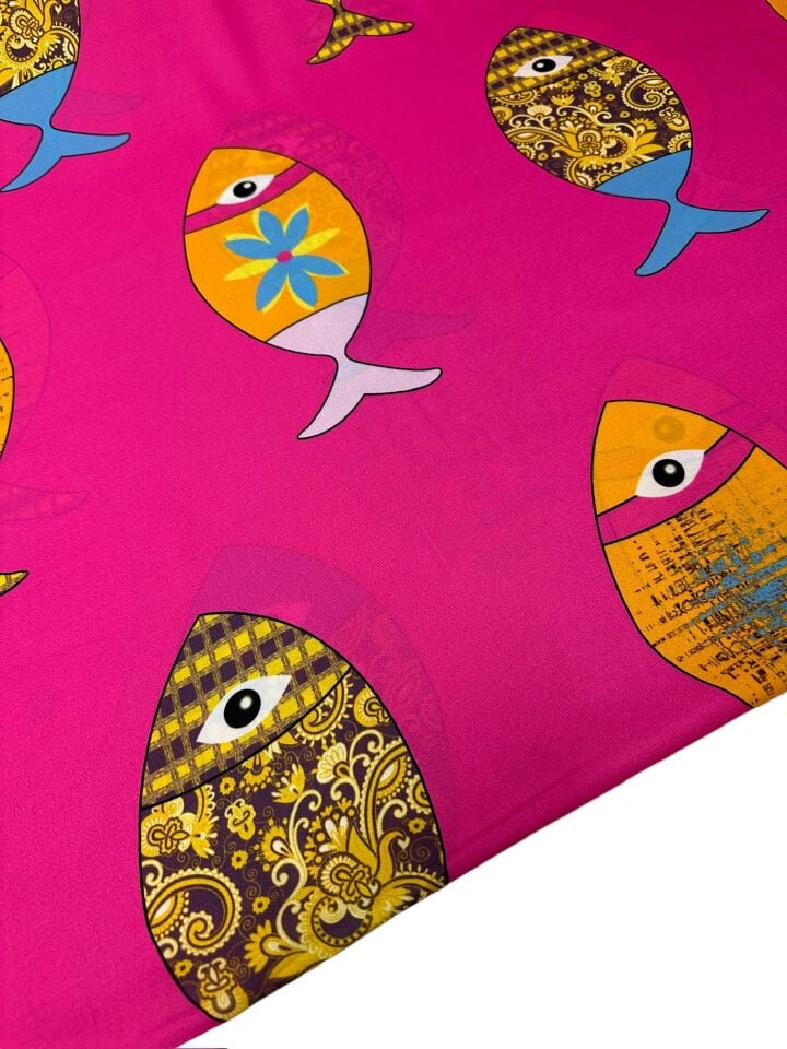 Fuşya Balık Desen Elbiselik Gömleklik Krep Kumaş