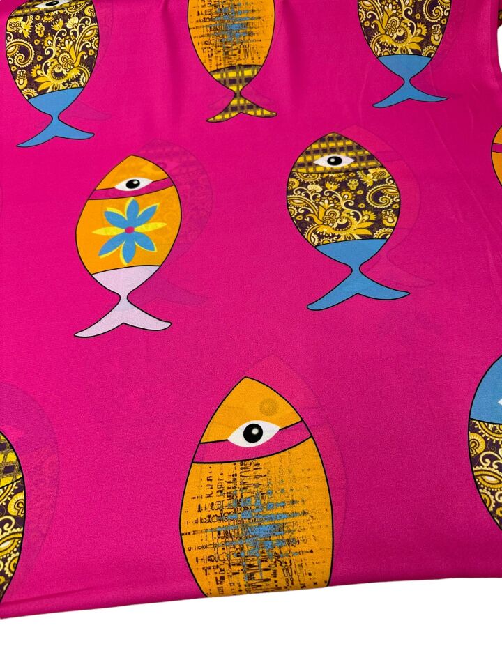Fuşya Balık Desen Elbiselik Gömleklik Krep Kumaş