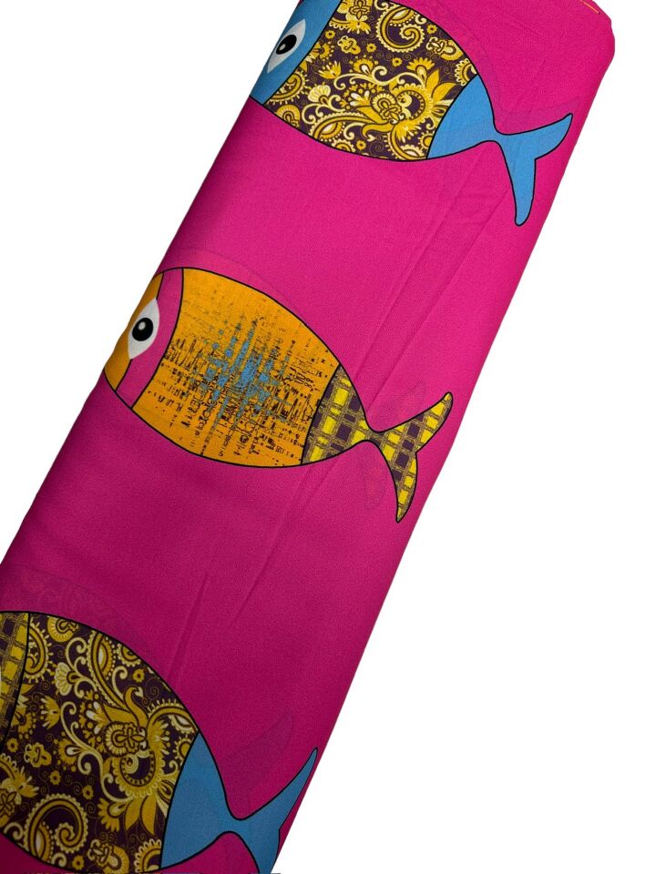 Fuşya Balık Desen Elbiselik Gömleklik Krep Kumaş