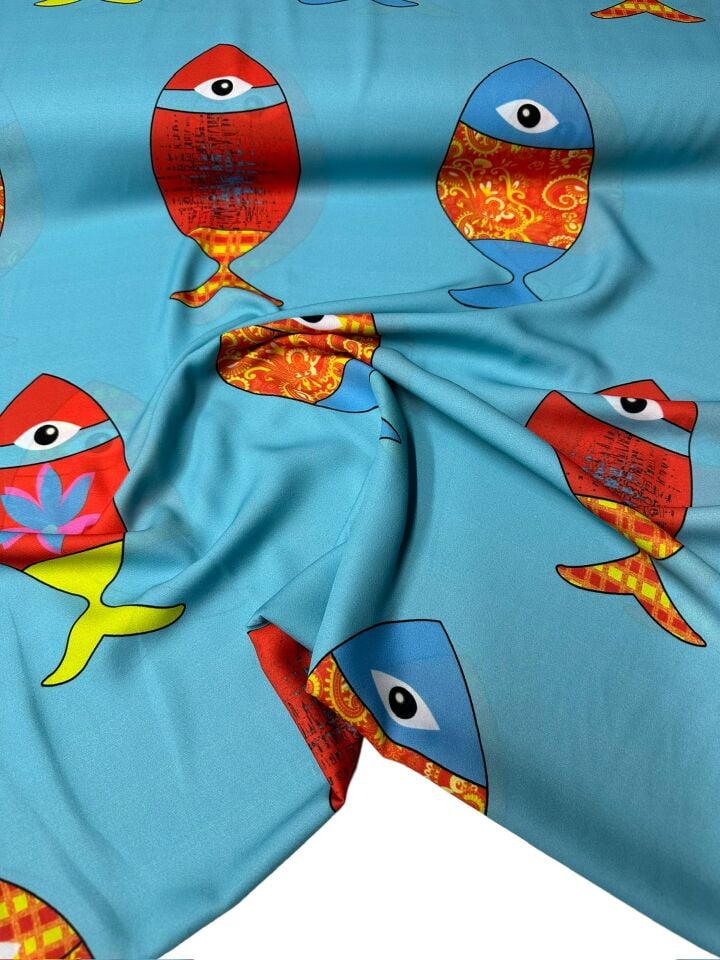 Mavi Balık Desen Elbiselik Gömleklik Krep Kumaş