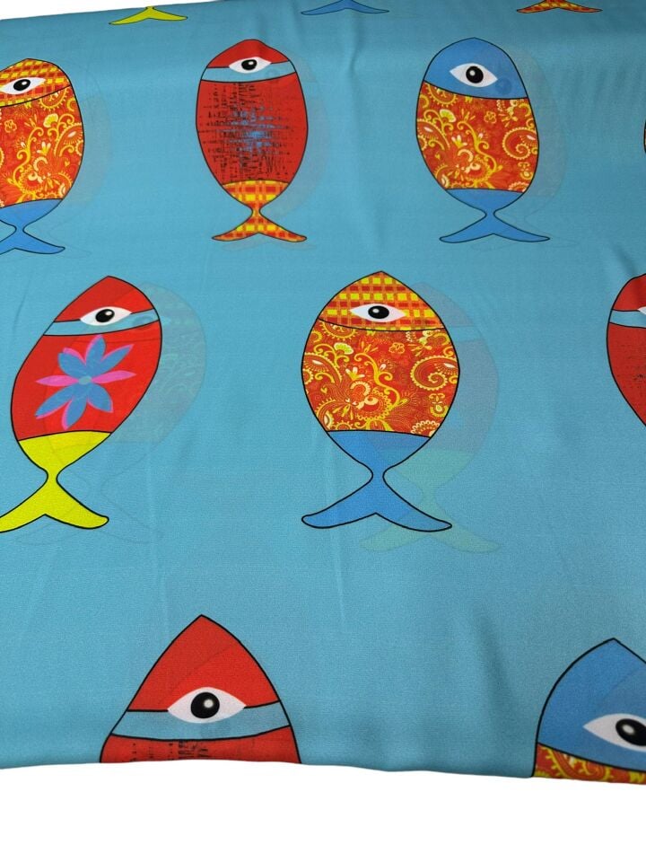 Mavi Balık Desen Elbiselik Gömleklik Krep Kumaş