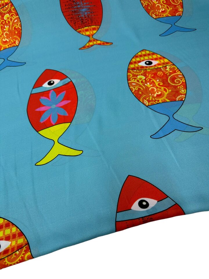 Mavi Balık Desen Elbiselik Gömleklik Krep Kumaş